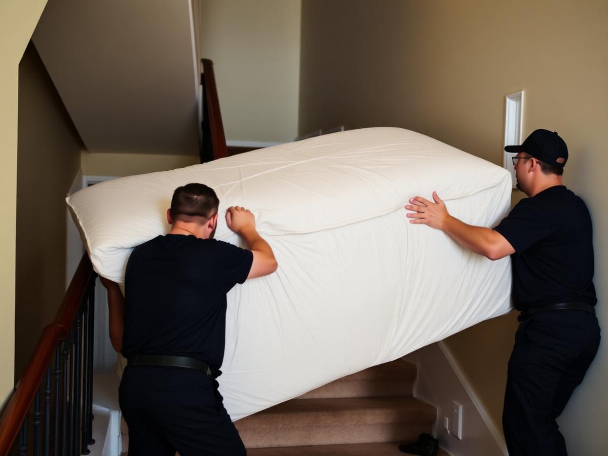 EGA Moving Co movers carrying a wrapped sofa down apartment stairs